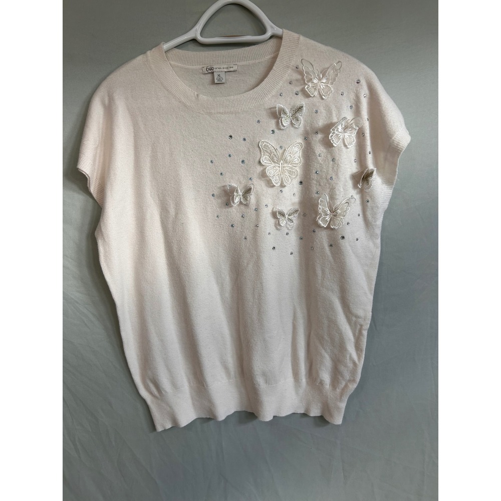 Cato Cream Short Sleeve Sweater 3D Butterfly Rhinestone Applique XL